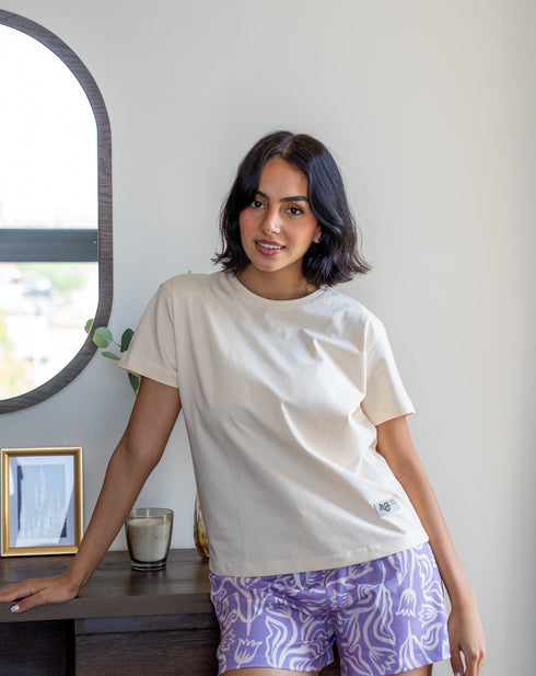 Women Summer Pajama set Creamy T-shirt + Mauve Flowers Short